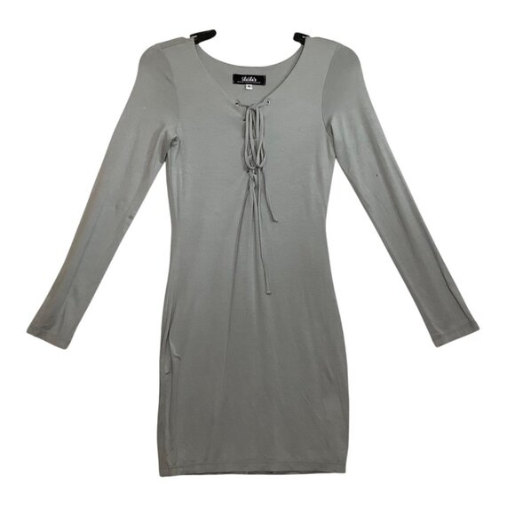 Lulu's Gray Long Sleeve Mini Bodycon Dress Women Small Front Tie Up Stretch - Picture 1 of 6